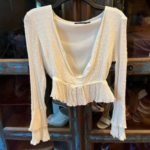 Ivory Cropped quarter Sleeve Shirt; Low cut with polka dot embroidery detailing